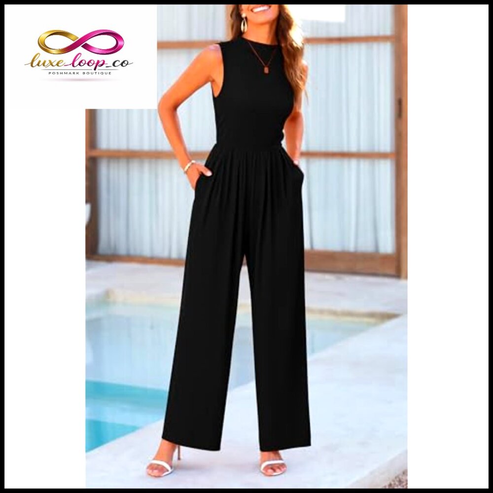 Sleeveless Mock Neck Wide Leg Jumpsuit with Pockets, Size XL - Picture 6 of 7